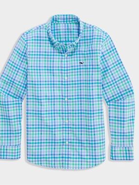Vineyard Vines Aqua and Blue Gingham Button-Down Shirt